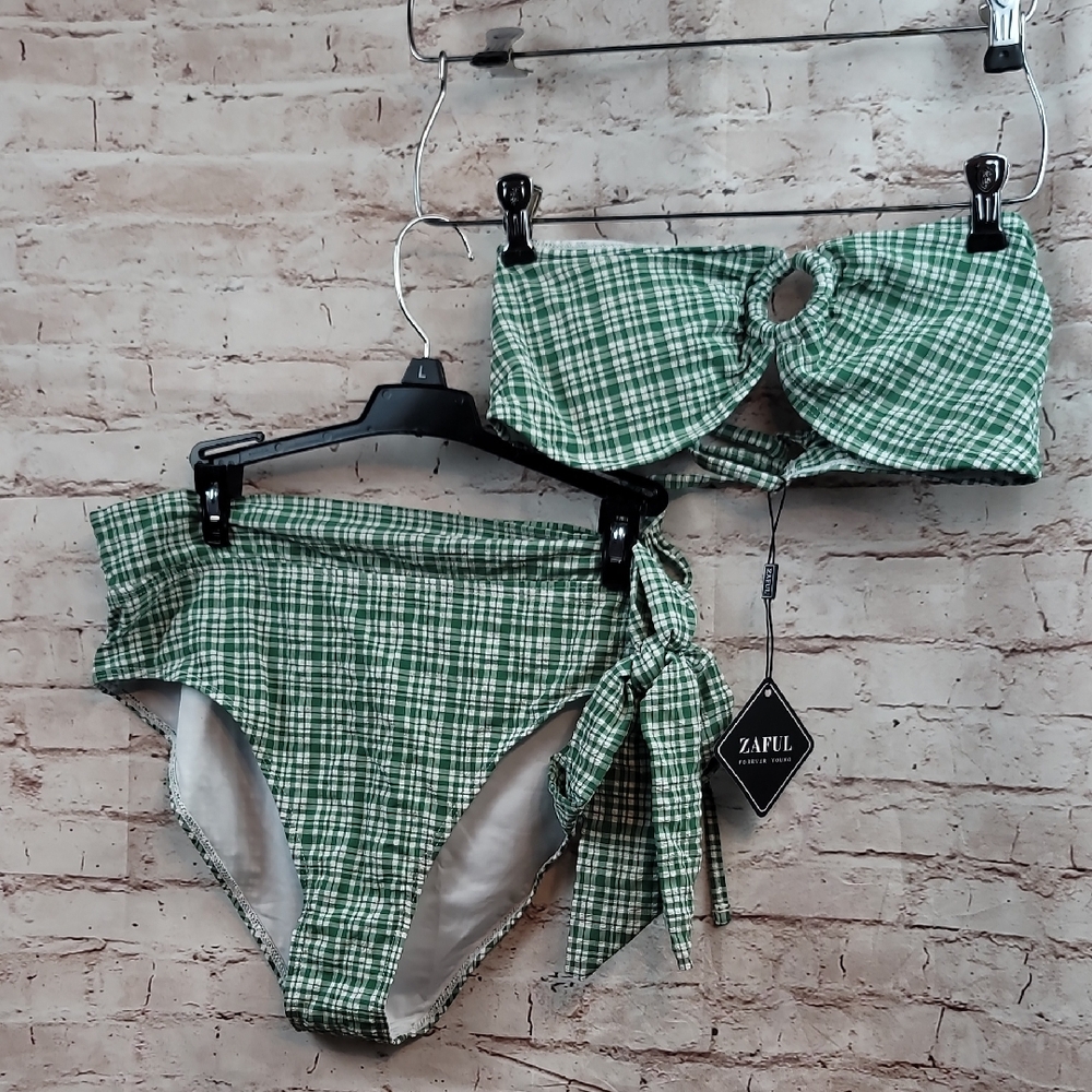 zaful plaid green bikini large nwt new